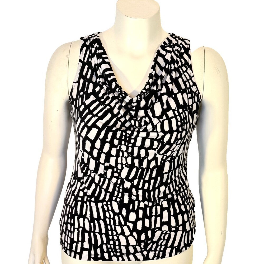 Calvin Klein Tank Blouse Women's L Black White Abstract Animal Print Cowl N